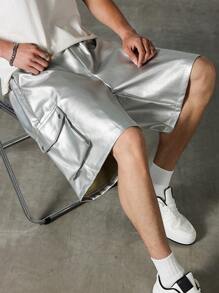 PAVTROS Men Summer Solid Color Casual Loose PU Shorts With Pocket - Silver - View 4