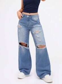 SHEIN ICON Vaqueros informales, de pierna ancha y ajuste holgado con bolsillo, con desgaste para mujeres - Lavado ligero - Ver 4
