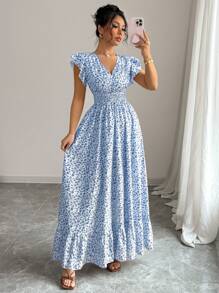 Elenzga New Fashion Shirred Woven Micro Ditsy Floral Cap Sleeve Ruffle Hem Cinched Waist Vacation Style Dress For Women