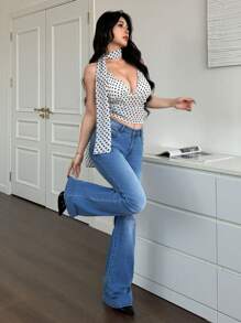 SHEIN EZwear Women Elastic Skinny Flared Jeans,Aqua Blue,Summer,Casual,Everyday Athable Denim Pants For Graduation,Vacation,Country Concert,Old Money - Blue - View 3