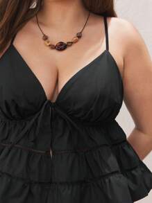 Maija 加大码黑色荷叶边下摆多层蛋糕吊带背心、夏季上衣、夏季、海滩、短款上衣、西部装、外出上衣、度假、办公室、商务休闲女装、毕业、欧洲夏季、夏威夷女装 - 黑色 - 查看 6