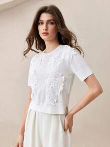 BizChic Women's Elegant Lace Knitted Blouse,White Summer Tea Party Wedding Guest Top,Musical Festival Brunch Urban Commute Daily Casual Wear New Arrival - White - View 2