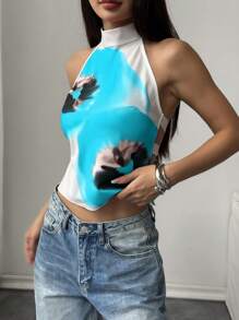 SHEIN EZwear ملابس علوية حريمي ذات ياقة مرتفعة وظهر مكشوف، وألوان متباينة، صيفي