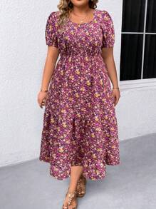 EMERY ROSE Plus Size Women's Floral Print Square Neckline Summer Dress With Cinched Waist Maxi Women Outfit - Red Violet - View 4