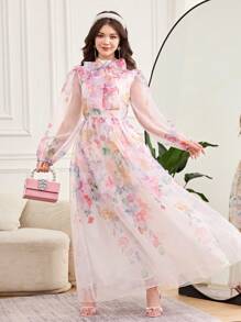 SHEIN Teen Girl Colorful Stand Collar, Lantern Sleeve, Big Bow, Floral Printed, Organza Fabric, Waist Cinched Elegant Dress - Multicolor - View 5