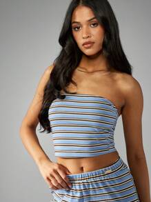 MISSGUIDED 弹力条纹针织抹胸上衣和阔腿裤两件套 - 藍色 - 查看 8