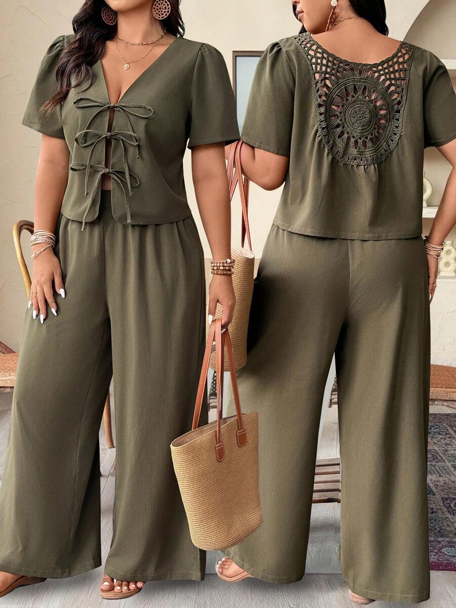 Breezaya Conjunto de 2 piezas de talla grande de camisa y pantalones casuales de unicolor para vacaciones - Verde militar - Ver 1