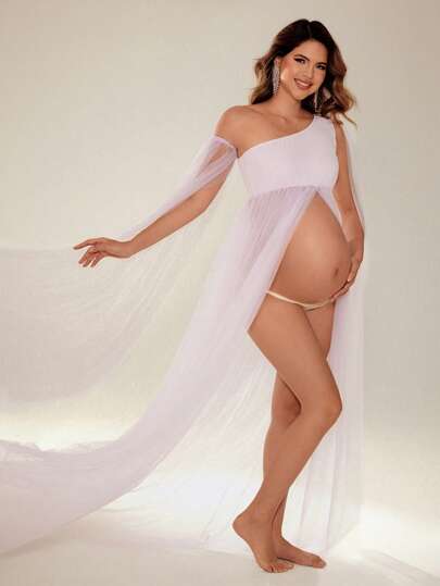 SHEIN 纯色网眼长开衩孕妇照风格，飘逸感十足