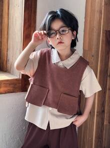 2pcs/Set Boys' Brown Cargo Pants + Short Sleeve Shirt & Vest - Coffee Brown - View 7
