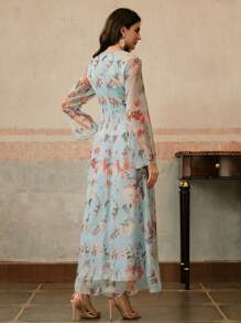 Anewsta Đầm dài tay họa tiết hoa thanh lịch cho nữ phong cách nghỉ dưỡng, thời trang - Màu xanh lam - Xem 2