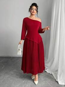Modelyn Plus Size Solid Color Asymmetrical Neck Dress, Fashionable For Summer - Burgundy - View 3
