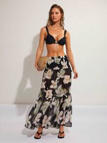 COSMINA Women's Summer Vacation Floral Print Flowy Skirt - Black - View 3