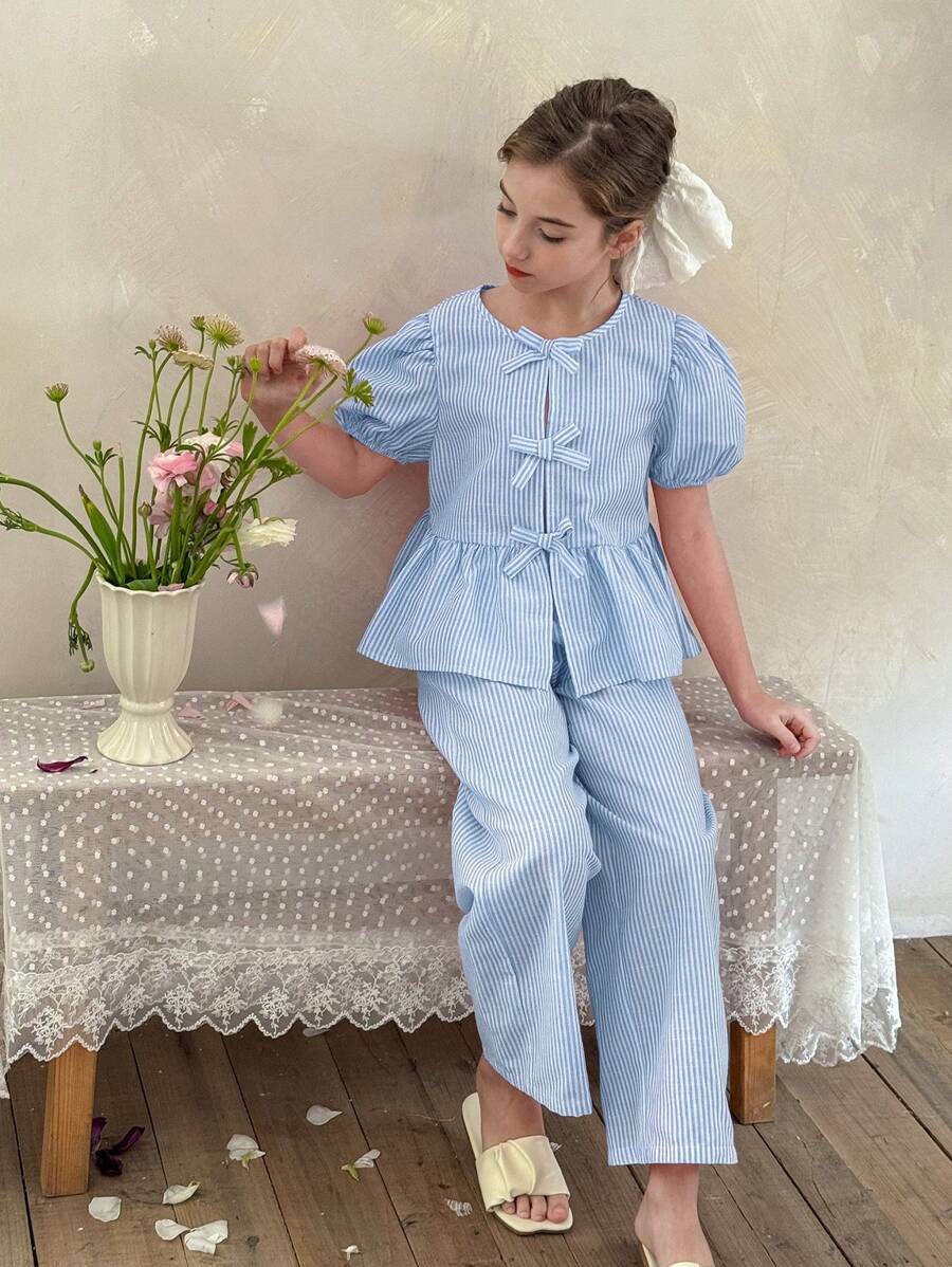 LMoss Kids Tween Girl Chiffon Plaid Puff Sleeve Top And Wide Leg Pants 2 Pieces Set - Blue - View 1