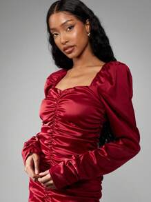 MISSGUIDED Luxurious Satin Ruched Mini Dress Puff Sleeve Square Neck Holiday Party Evening Night Out Statement Dress Special Occasion Glam - Burgundy - View 4
