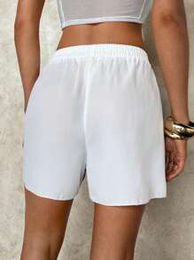 SHEIN Swim Women's Tie Waist Vacation Style Palm Tree Print Beach Shorts For Summer - Blue and White - View 2