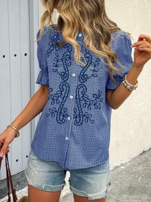 SHEIN LUNE Women's Plaid Embroidered Ruched Blouse - Navy Blue - View 3