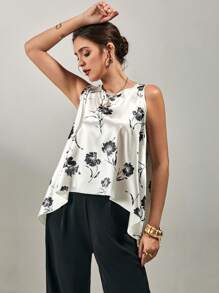 SHEIN Clasi Women Floral Print Asymmetrical Hem Round Neck Tank Top, Summer - Multicolor - View 1
