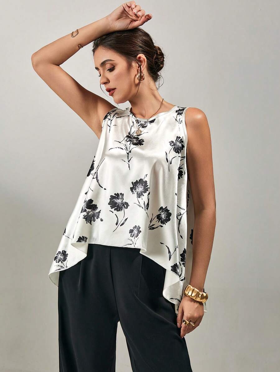 SHEIN Clasi Women Floral Print Asymmetrical Hem Round Neck Tank Top, Summer - Multicolor - View 1