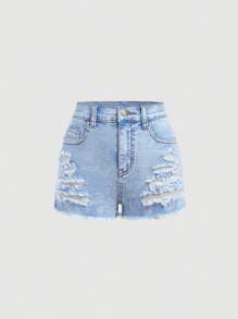 SHEIN Tween Girls Spring Summer Boho Ripped Skinny Denim Jeans Shorts,Girls Summer Clothes Outfits - Light Wash - View 5