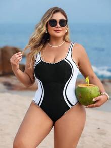 Swim Lushoire Plus Size One-Piece Vacation Contrast Trim Splicing Color Block Slimming Swimsuit For Summer - Black and White - View 6