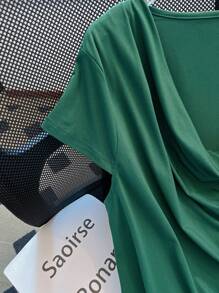 SHEIN LUNE Plus Size Plain Short Sleeve V-Neck Shirt, Summer Fashion - Dark Green - View 3