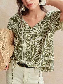 Écloséra Blusa da donna vintage di stile francese con stampa floreale e laccetto in vita