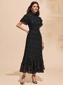 Almamuse Women's Elegant Gold Foil Black Dress, Fashionable For Summer Ruffle Polka Dot High Neck Dress