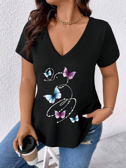 SHEIN LUNE Women Plus Size Casual Butterfly Print V-Neck Short Sleeve T-Shirt