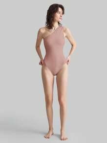 Ontre 2025春夏新款女士服饰情人节女士泳衣不对称单肩连体泳衣米白色镂空后背度假泳装 - 粉色 - 查看 1