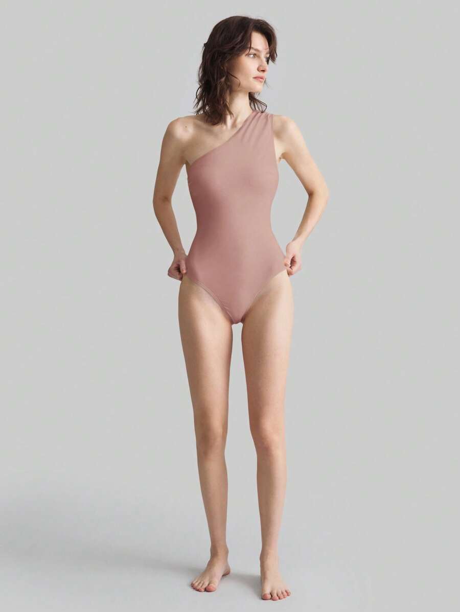 Ontre 2025春夏新款女士服饰情人节女士泳衣不对称单肩连体泳衣米白色镂空后背度假泳装 - 粉色 - 查看 1