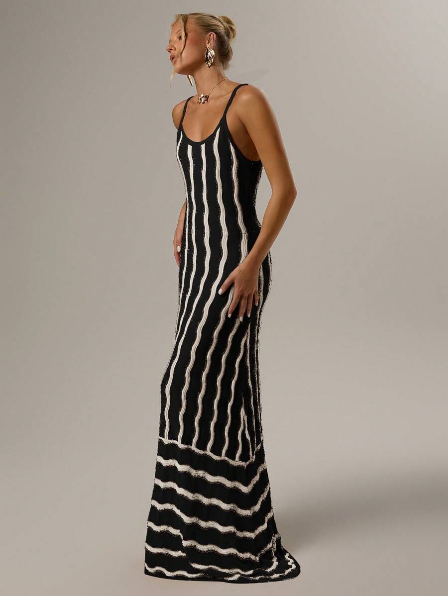 SHEIN Forever 21 Spring Vacation Minimalist Geometric Retro Wavy Pattern Women's Sleeveless Dress - Black - View 1