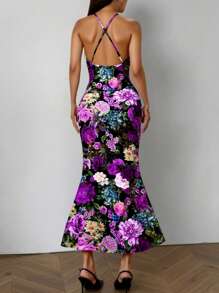 SHEIN SXY Summer Elegant Floral All-Over Print Backless Halter Mermaid Dress - Multicolor - View 2