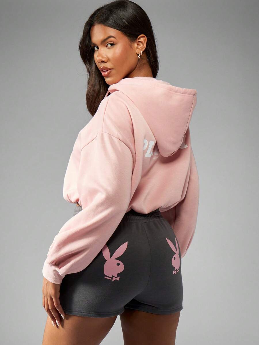Missguided x Playboy 抽绳运动休闲短裤高腰健身跑步健身房训练宽松运动裤室内户外活动休闲日常穿着 - 灰色 - 查看 1