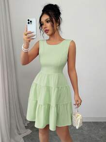 Elenzga 女士无袖纯色连衣裙，时尚适合夏季 - 綠色 - 查看 6