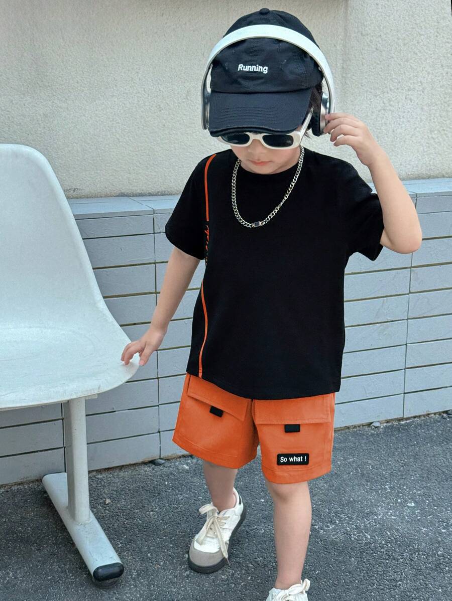 SHEIN 2 件套年轻男孩休闲百搭圆领 T 恤和霓虹绿色实用短裤套装，适合春夏季、日常穿着、运动、郊游、学校、聚会、节日、表演和拍照 - 橘色 - 查看 1