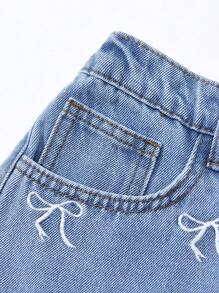 SHEIN Pantaloncini di jeans casual con ricamo a fiocco e tasche, stile dolce per ragazze adolescenti, adatti per primavera ed estate, vacanze estive, spiaggia, festival estivi casual, rave, brunch estivo, chiesa, laurea