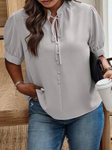 EMERY ROSE Plus Size Simple Solid Color Twist Collar Shirt, Summer - Grey - View 5