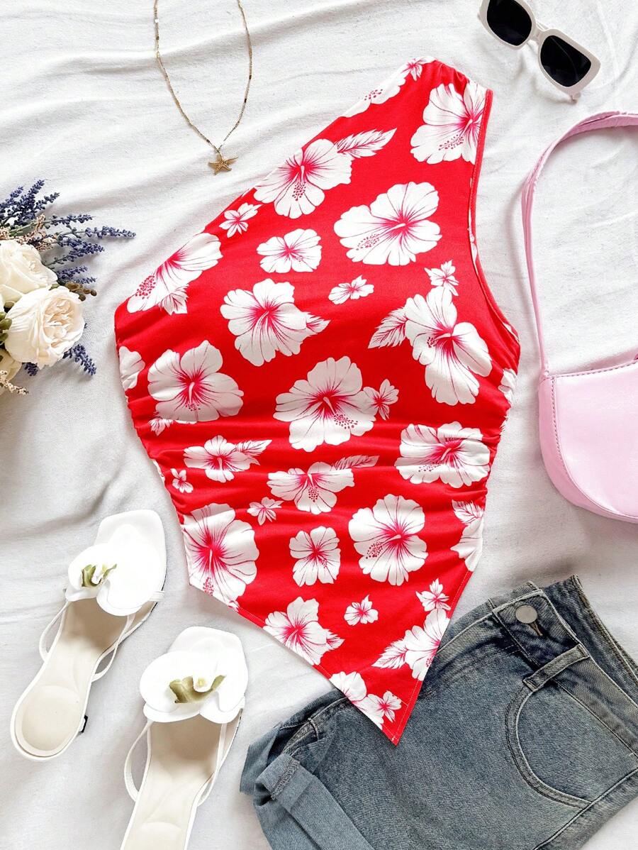 Soleia Floral Print Asymmetric Neck Ruched Sleeveless Fitted Crop Top