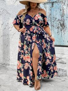 SHEIN CURVE+ Plus Size Romantic Floral Print Wrap Collar Summer Boho Dress, Curve Plus, Boho Vacation Beach Outfits For Woman/Beach Dress/Beach Vacation Outfits/Beach Essentials / Graduation/Tea Party Dress