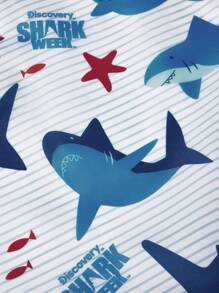 Shark Week X SHEIN 可爱卡通鲨鱼印花可折叠购物袋、手提袋，配有带珠链的小收纳袋，可挂在包包上 - 藍色 - 查看 6
