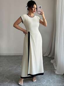 SHEIN Unity Vestido midi de talla grande para mujer con cuello redondo, manga corta, línea A, de color liso y detalle de ribete en contraste, para primavera/verano, con estilo elegante minimalista francés, para oficina, negocios, casual y tarde de té - Albaricoque - Ver 6