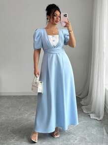 SHEIN Unity 大码女装春夏法式优雅简约通勤办公室商务休闲度假下午茶纯蓝白撞色方领收腰褶皱 A 字公主袖长裙