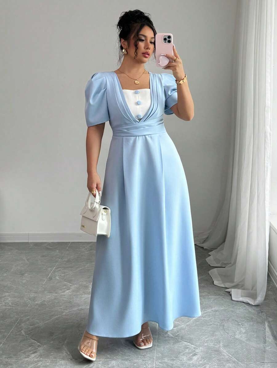 SHEIN Unity 大码女装春夏法式优雅简约通勤办公室商务休闲度假下午茶纯蓝白撞色方领收腰褶皱 A 字公主袖长裙