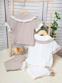 4Pcs/Set Baby Girls Soft Smooth Comfortable Solid Color Outfit With Ruffled Collar, Sleeve Cuffs And Hem In White And Khaki, Including Short Sleeve Cardigan And Matching Pants, Simple Classic Style With Vintage Vibe - Multicolor - View 2