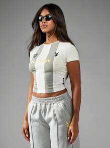 Missguided x Playboy 运动婴儿 T 恤复古运动风格短款 T 恤校园数字条纹设计健身运动休闲修身夏季上衣 Y2K 街头服饰 - 淺灰色 - 查看 5