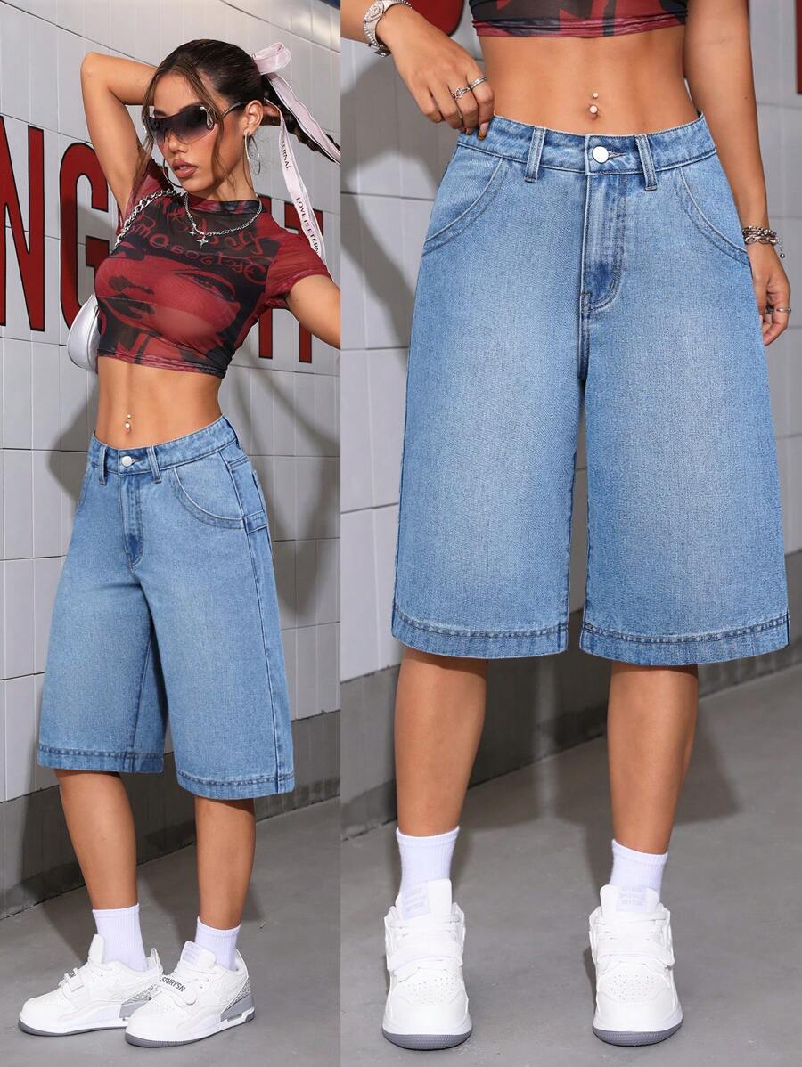 SHEIN Tall Women's Fashion Loose Fit Denim Wide Leg Pants, Suitable For Summer - Light Wash - View 1