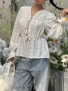 SHEIN Essnce 女士夏季新款系带衬衫，时尚适合夏天 - 白色 - 查看 3