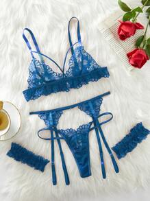 4pcs Women Intimates Set: Wireless Bra, G-String, Garter Belt, And 1 Pair Leg Rings For Going Out - Teal Blue - View 7