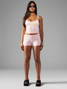 Missguided x Playboy 柔和夏季吊带背心无袖运动健身背心运动短款上衣健身房瑜伽运动服学院青年休闲春季生活方式 - 藕粉色 - 查看 6