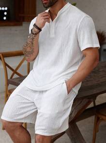 Manfinity Homme Men's Plus Size Solid Color Short Sleeve Polo Shirt And Pocket Shorts Casual 2-Piece Set Men Casual Summer Sets Beach Outfits For Men Men Shirt Co Ords - White - View 4